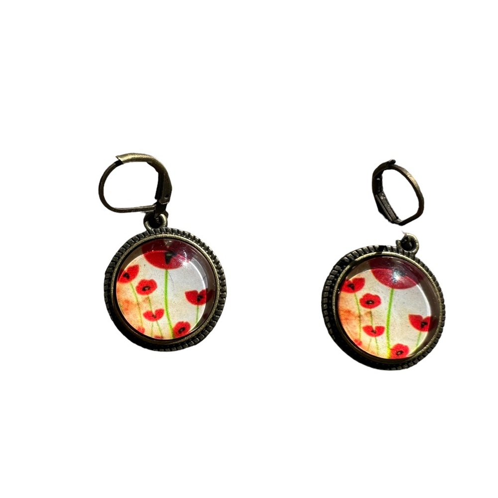 Antique Gold Bubble Earrings with Red Tulip Floral Design